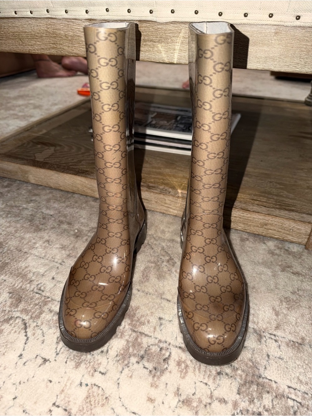 Gucci Brown Monogram Knee-High Rain Boots